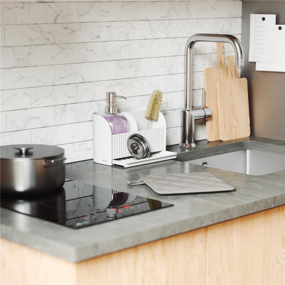 Umbra Sling Spülbecken Caddy mit Seifenspender, 17x21x18cm, Organizer in Weiß für Küche
