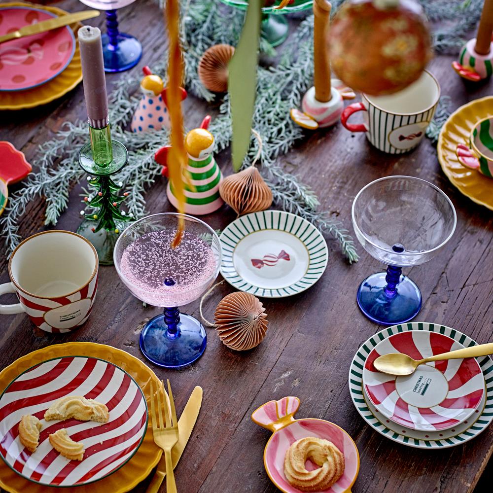 Bloomingville Jolly Weihnachtsteller, Rot, Steingut 16 cm mit Streifenmuster