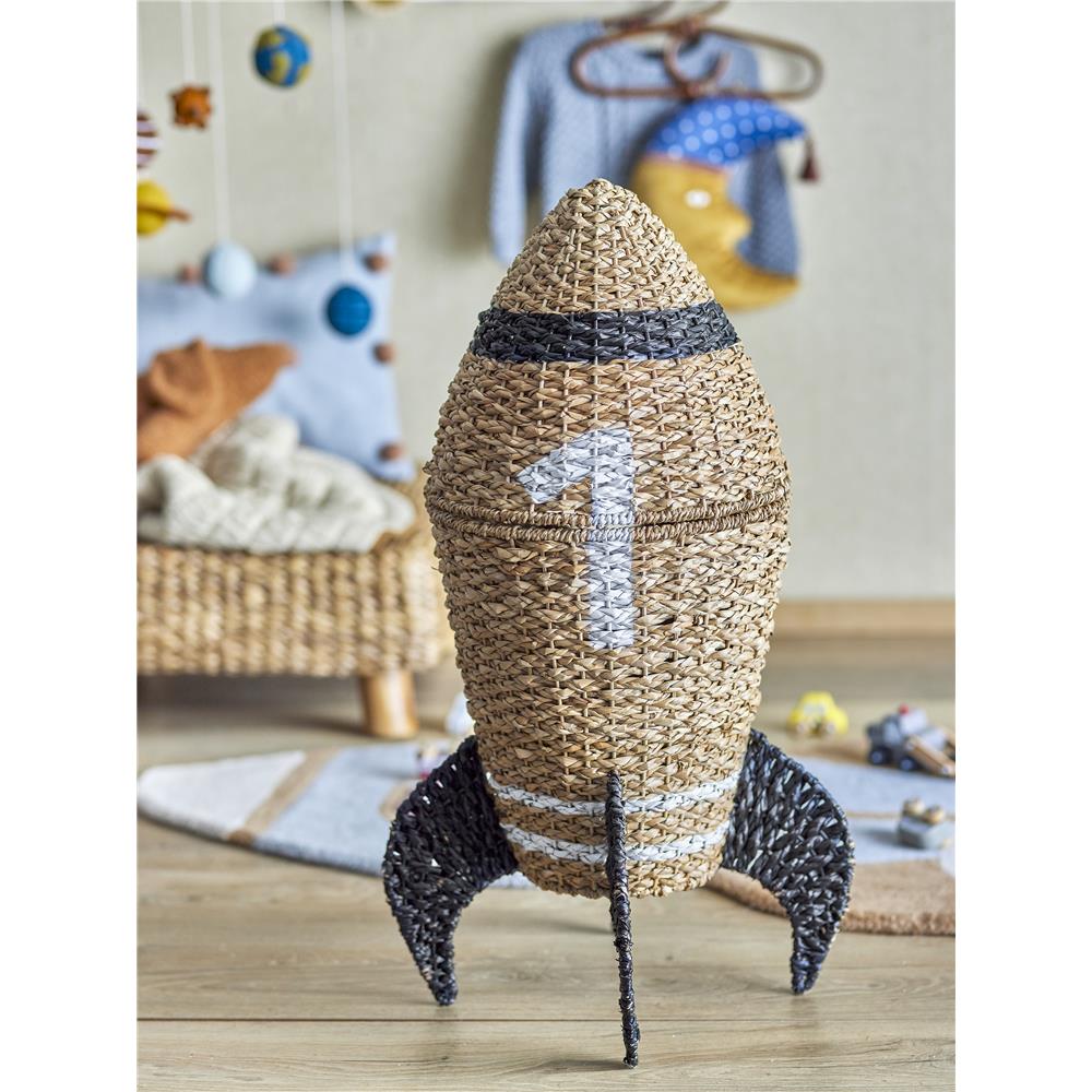 Bloomingville MINI Korb braun/schwarz mit Deckel Rakete Seegras Aufbewahrungskorb Kinderzimmer