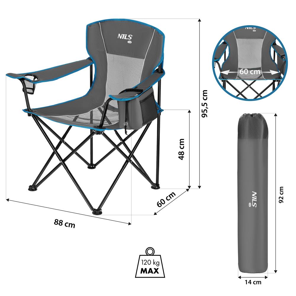 NILS CAMP Campingstuhl klappbar Grau - Klappstuhl mit Taschen & Becherhalter für Camping