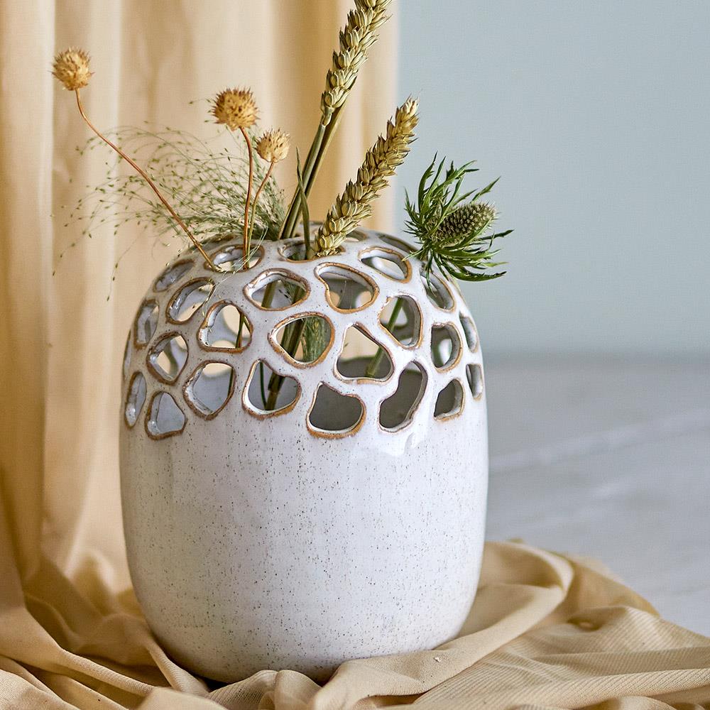 Bloomingville Elissa Vase Natur Ø16 cm – Steingut mit Gittermuster & gesprenkeltem Finish