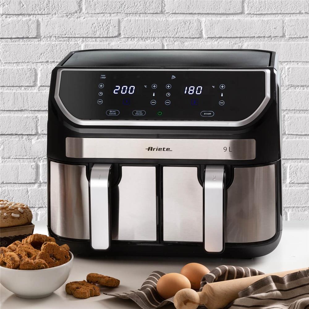 Ariete Air Fryer Dual, Schwarz, Doppel Heißluftfritteuse, 9L, 2100W