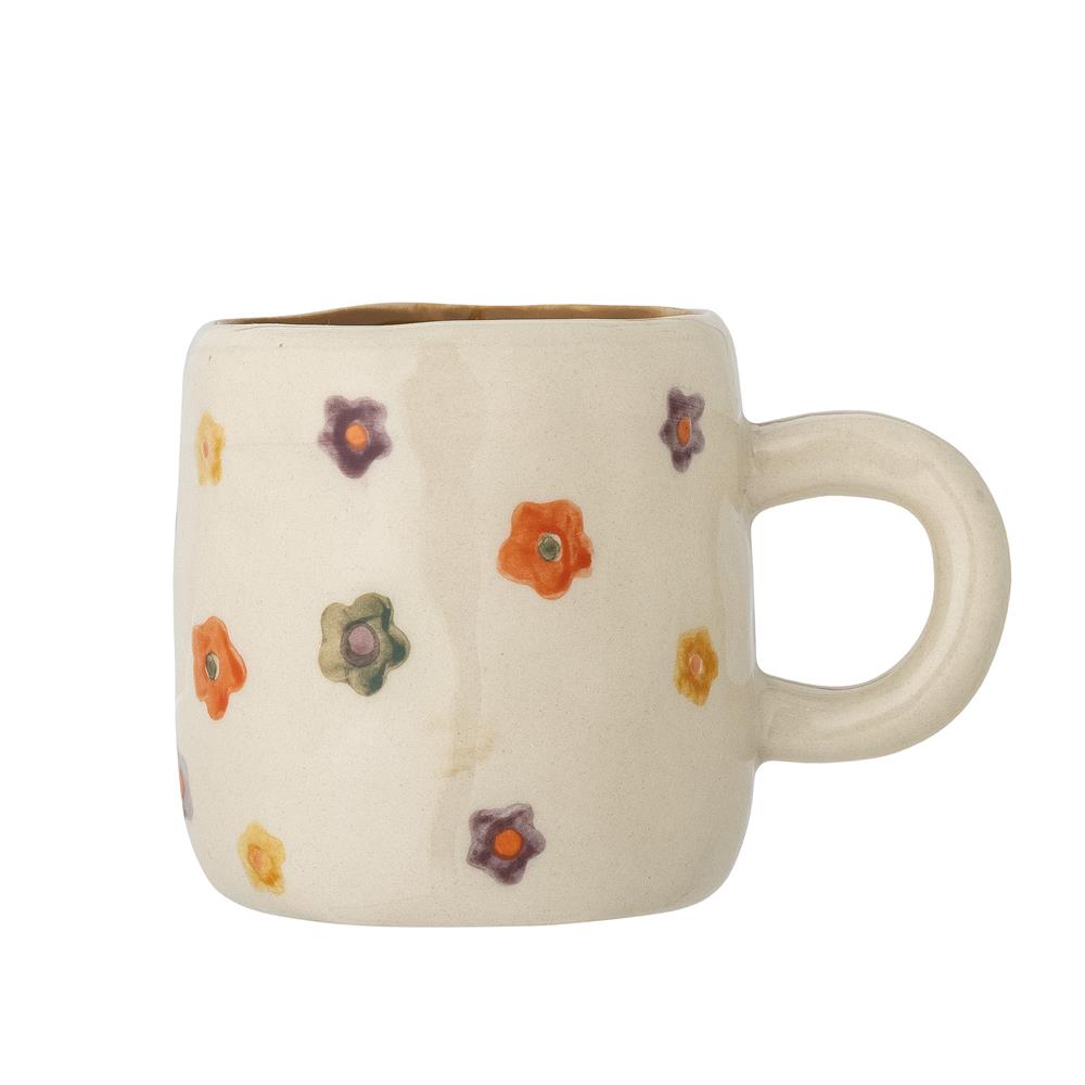 Bloomingville MINI Addy Tasse, Natur mit bunten Blumen, Steingut, Kindertasse, dänisches Design