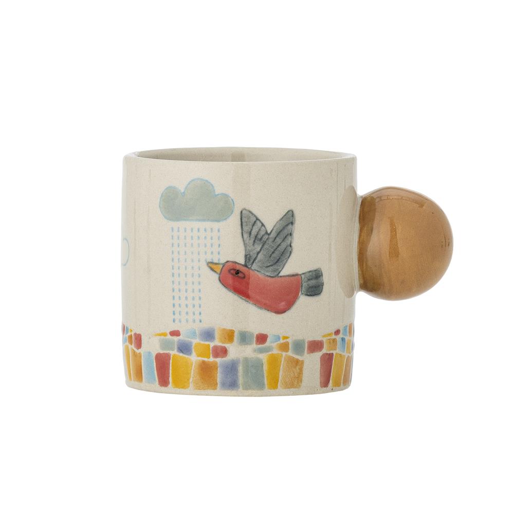 Bloomingville MINI Colorine Tasse, Naturfarben mit Vogel, Steingut, Kindertasse, dänisches Design