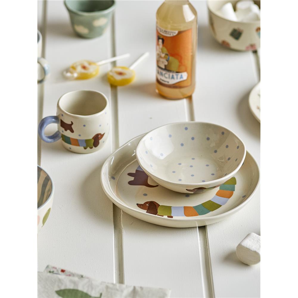 Bloomingville MINI Charlie Geschirr-Set, Blue, Steingut, 3er Set mit Teller + Schüssel + Tasse