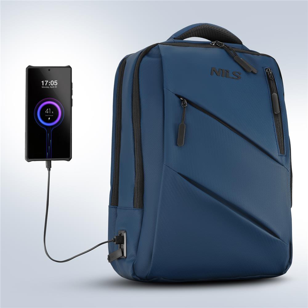 NILS Laptop Rucksack 15L Blau - mit USB- und USB-C-Anschlüssen Arbeit Schule Uni Reisen
