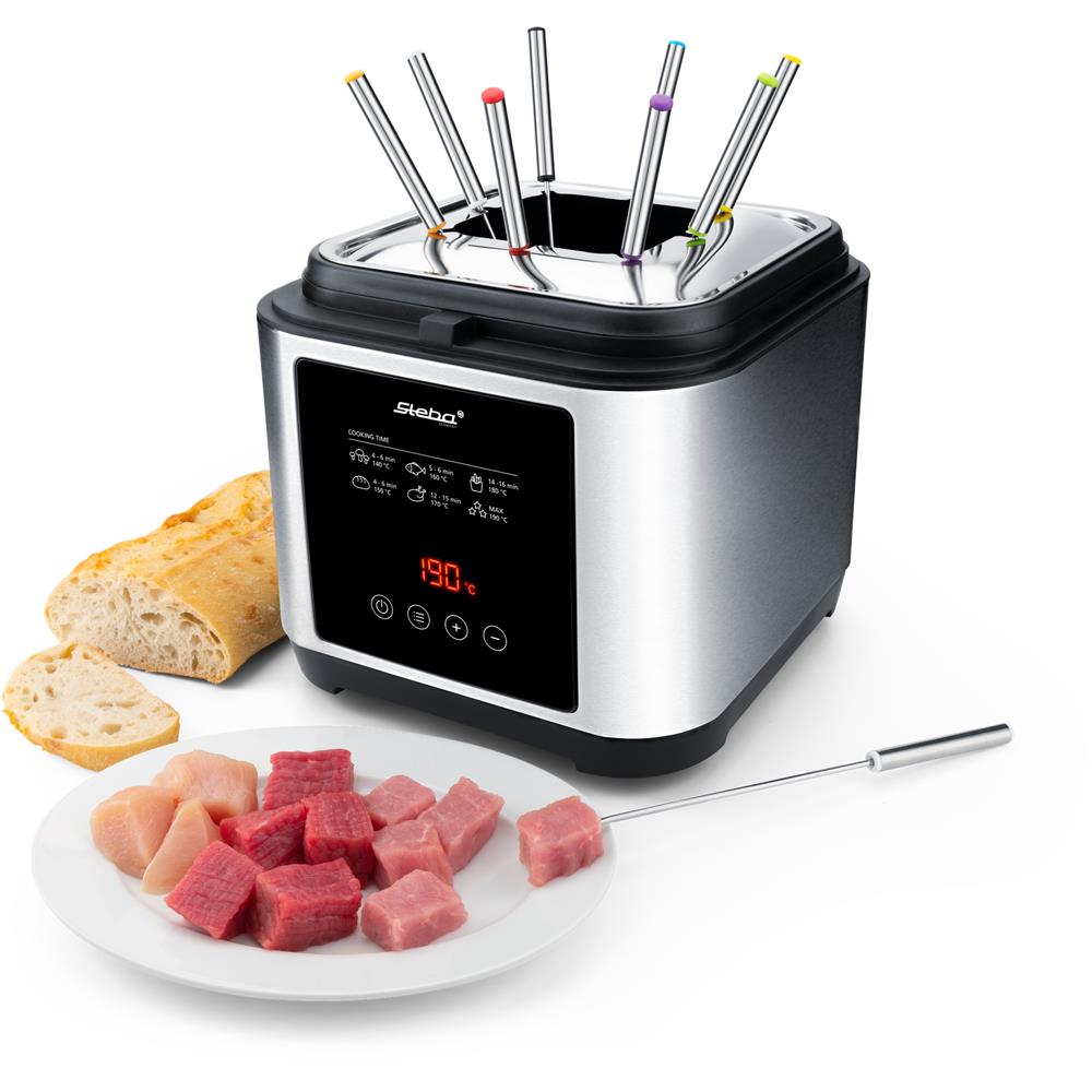 Steba DF 150 F Fritteuse mit Fondue-Set – 2,5L, stufenloser Temperaturregler, 1200W, Edelstahlgehäuse, inkl. 8 Fonduegabeln