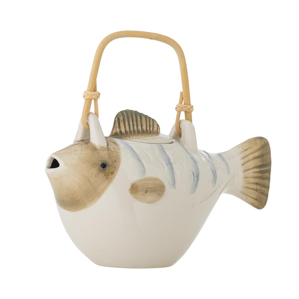 Bloomingville Wrenna Teekanne Fisch Steingut grau 800 ml mit Sieb