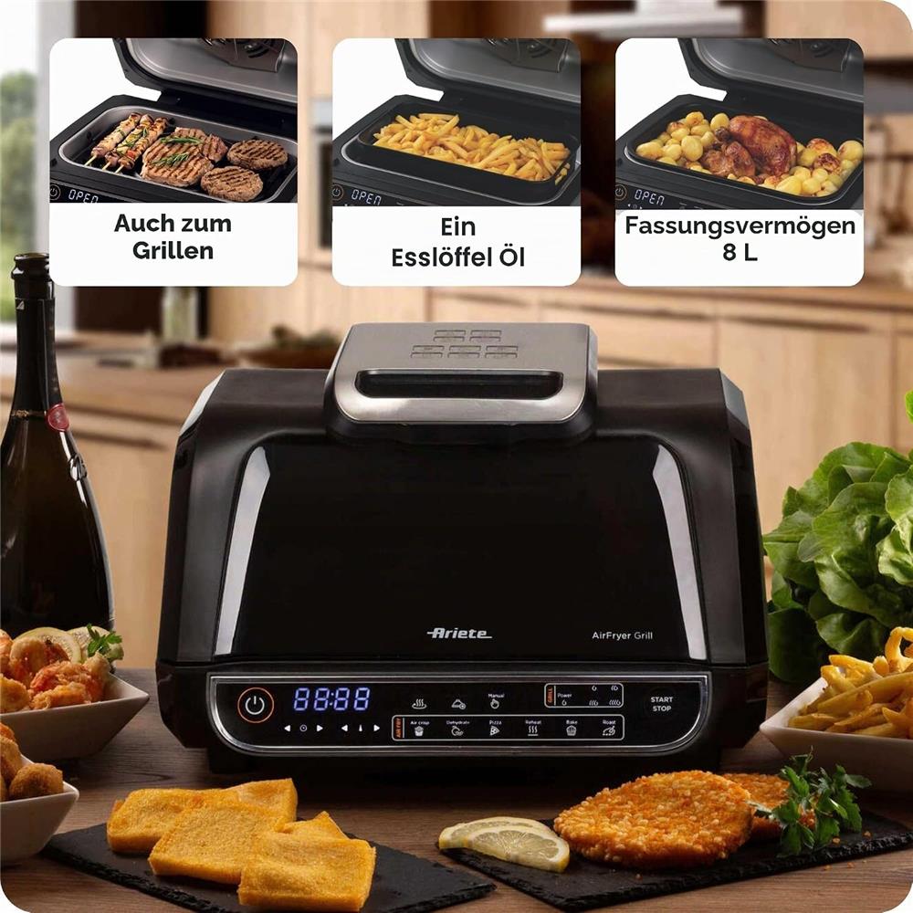 Ariete Air Fryer Grill, Schwarz, Heißluftfritteuse und Grill 8L, 1700W