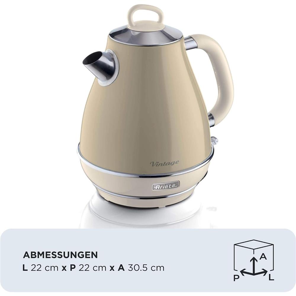 Ariete Vintage Wasserkocher, Beige, 1,7L Edelstahlkessel, 2000W, Elegantes Retro-Design