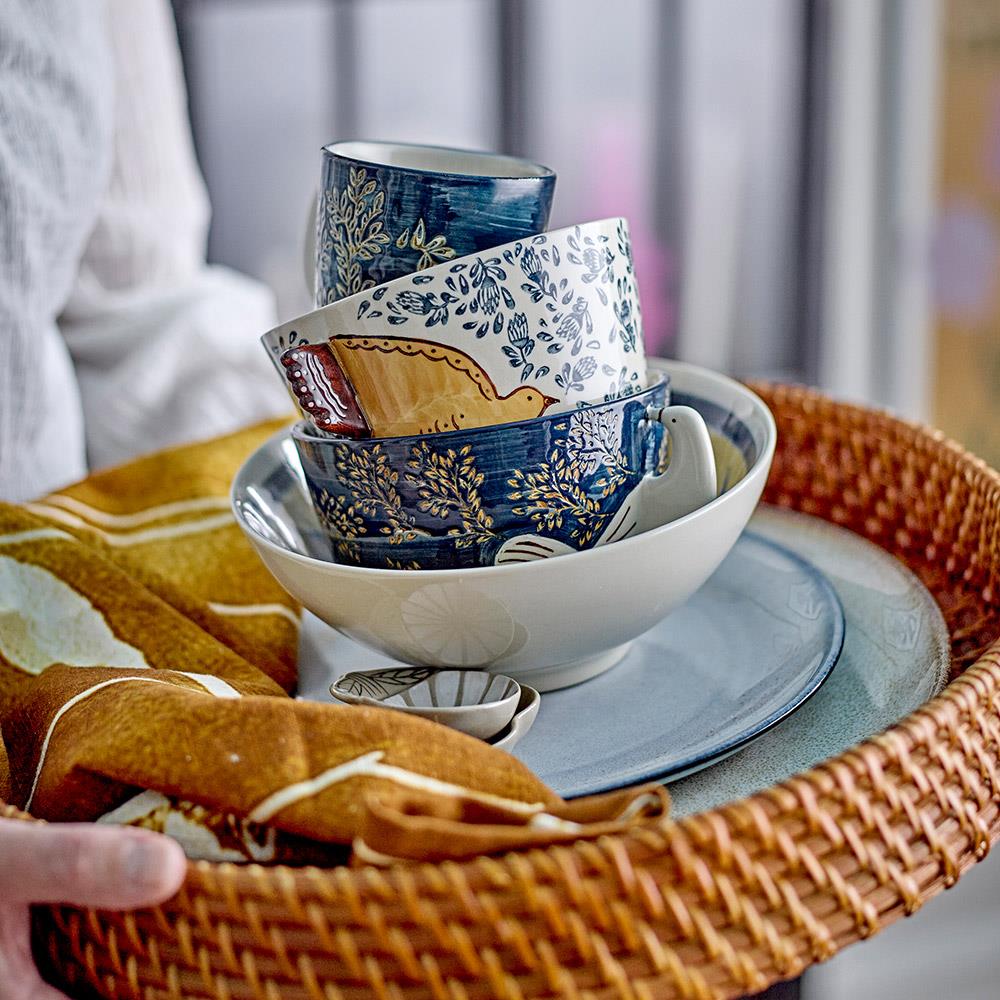 Bloomingville Hezha Schale Natur – Handbemalte Steingutschale mit Vogelmotiv, 460 ml