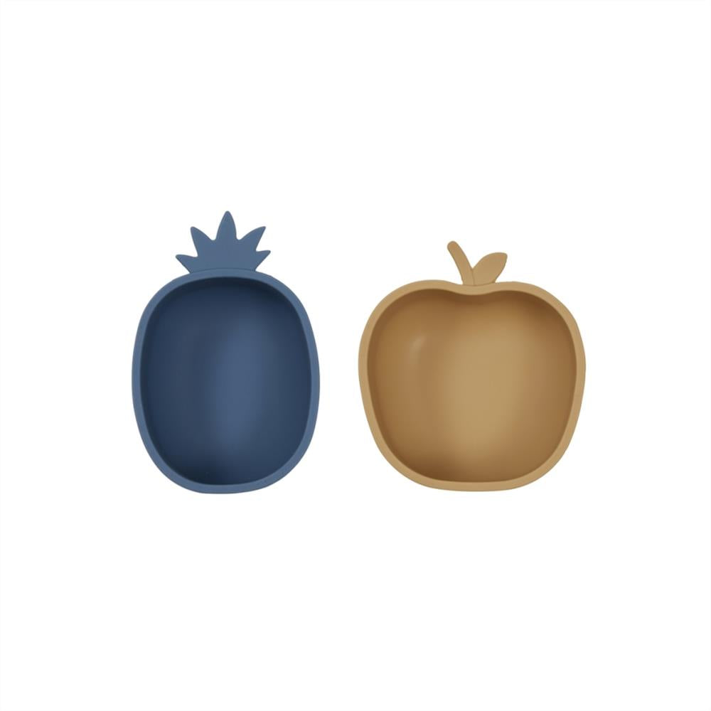 OYOY Mini - Yummy Pineapple & Apple Snackschalen 2er Set, Blue/LightRubber, Silikon