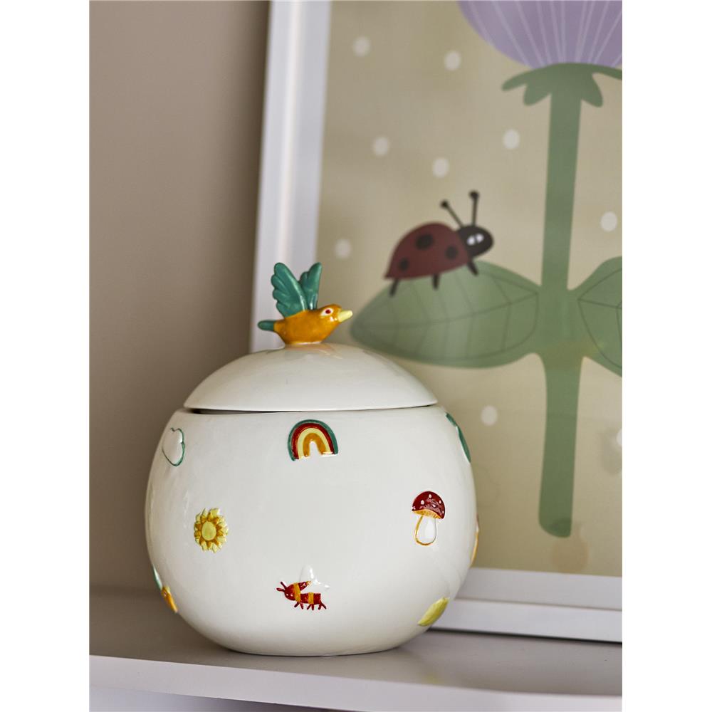 Bloomingville MINI Agnes Gefäß mit Deckel, Vogel, Weiß, Steingut