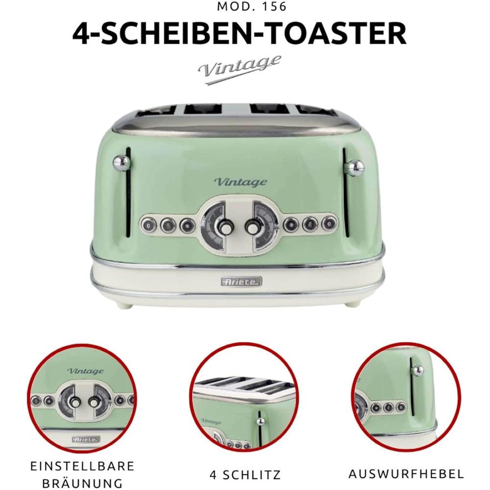 Ariete Vintage Toaster, Grün, 4-Scheiben-Toaster mit 6 Bräunungsstufen, 1600W