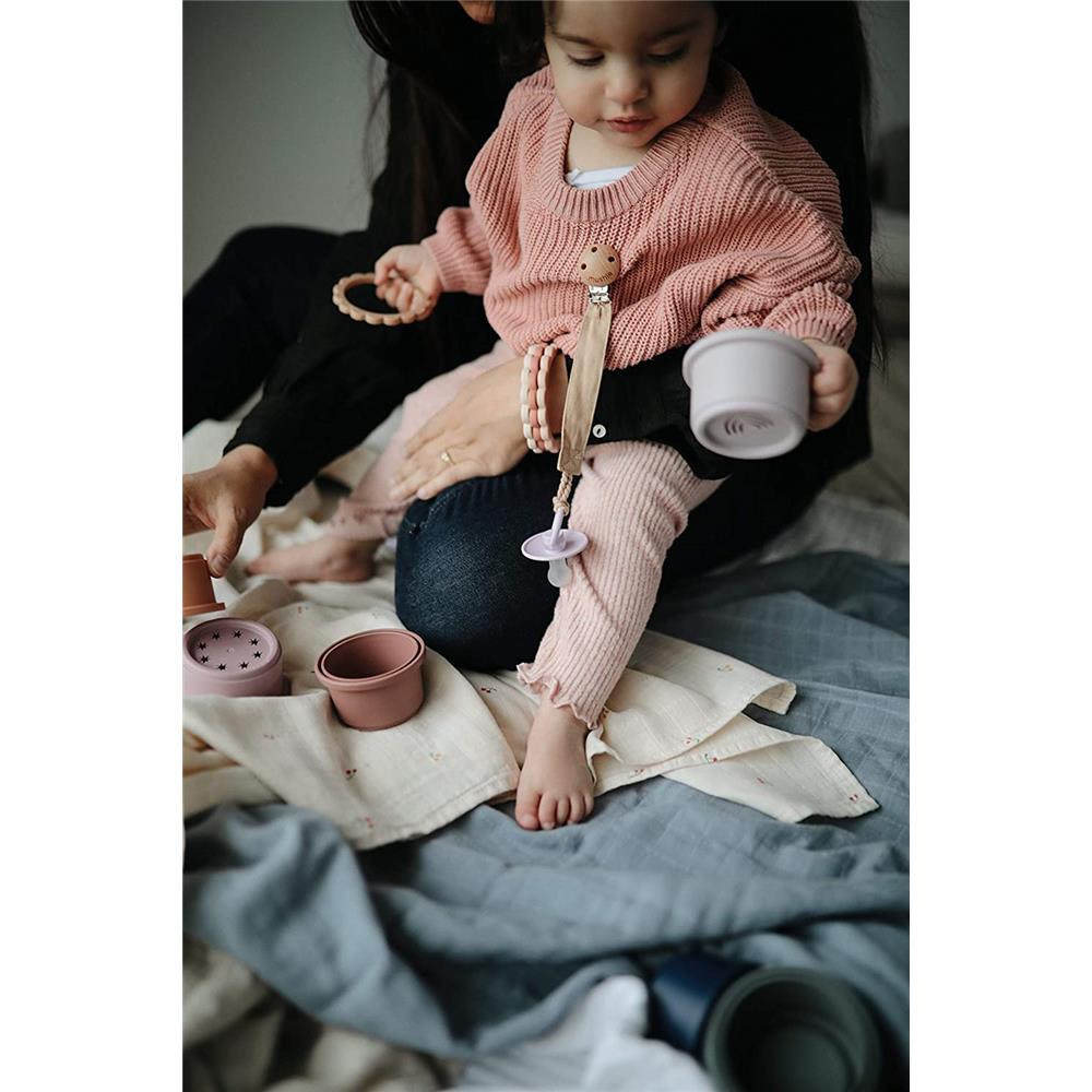 Mushie Beißring Blumen 3er Set, Black/Natural/Caramel, Armband aus Silikon, BPA-frei