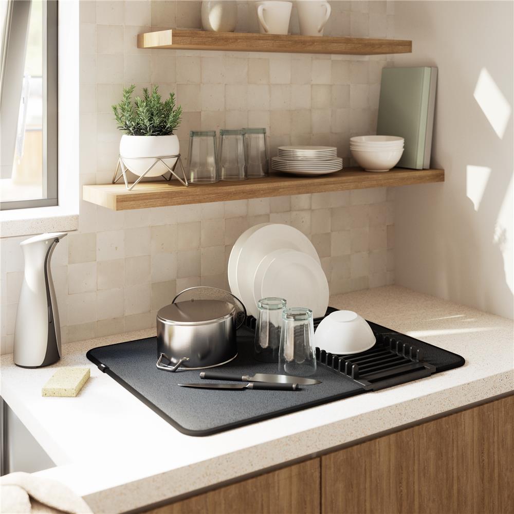 Umbra Udry Geschirr Abtropfgestell und Mikrofaser Abtropfmatte, Faltbar, Platzsparend, 61 x 45 cm, in Schwarz
