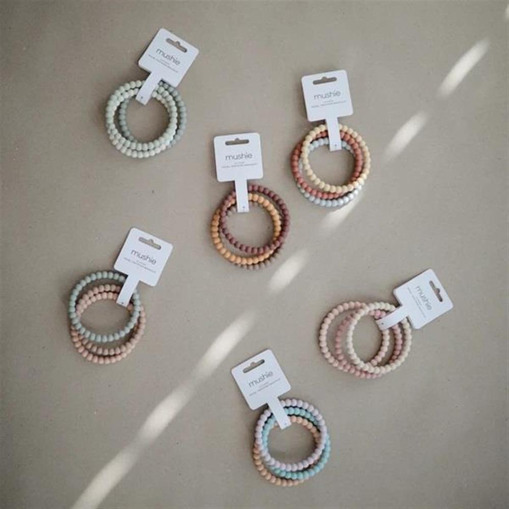 Mushie Beißring Perlen 3er Set, Green Tea/Cool Gray/Sea Salt, Armband aus Silikon, BPA-frei