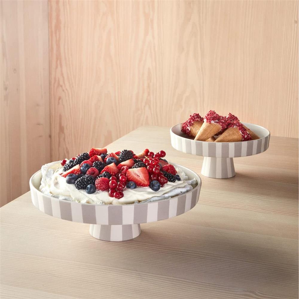 OYOY Toppu Tablett - 20x9 cm, Beige/Grau gestreift - als Tortenständer, Tortenplatte, Obstschale