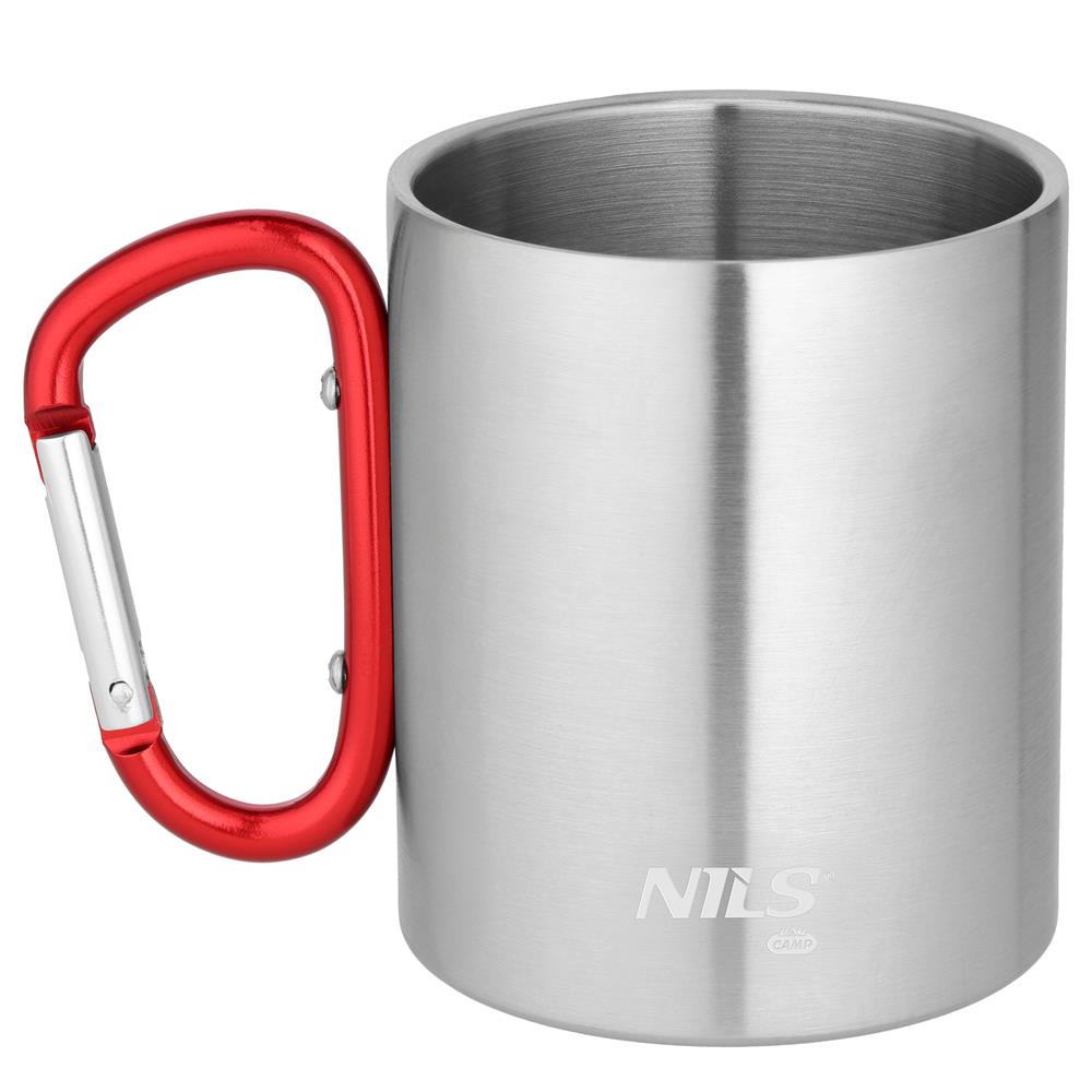 NILS CAMP Campingbecher Edelstahl 300 ml Rot - doppelwandiger Outdoor Becher mit Karabiner für Camping