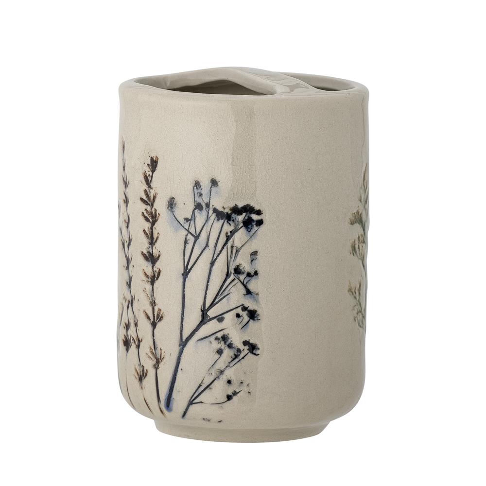 Bloomingville Bea Seifenspender und Zahnbürstenhalter, Natur, Steingut, mit Blumenmotiv, dänisches Design