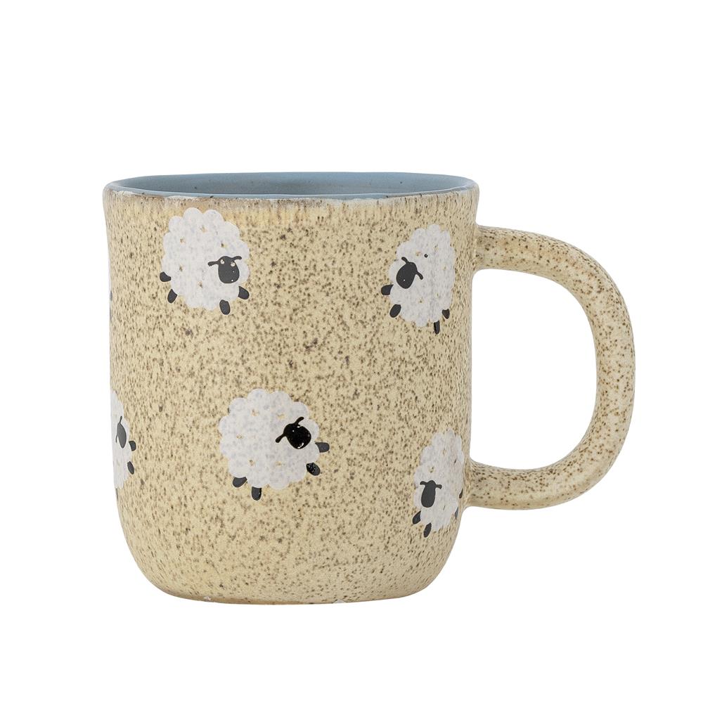 Bloomingville MINI Dolly Tasse, Natur/Blau, Schafmotive, Steingut, Kindertasse, dänisches Design