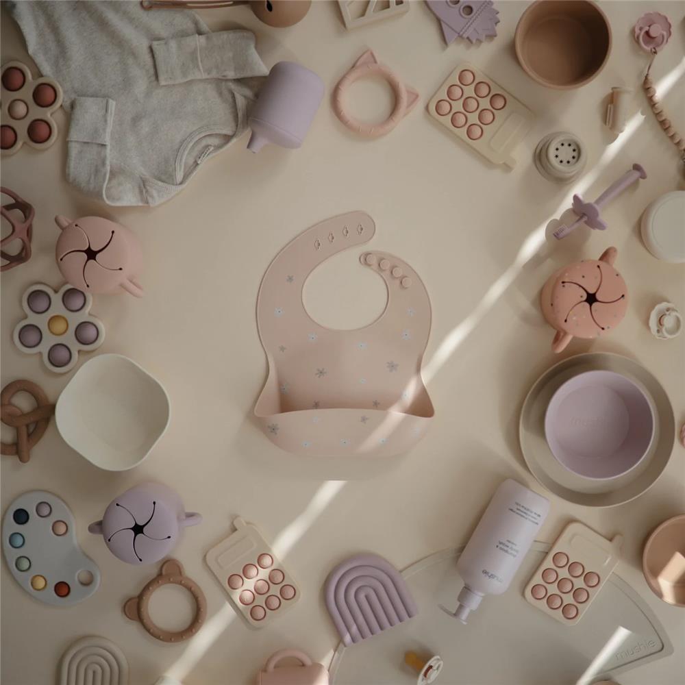 Mushie Silikon-Lätzchen, Daisy, mit Auffangschale, BPA-frei