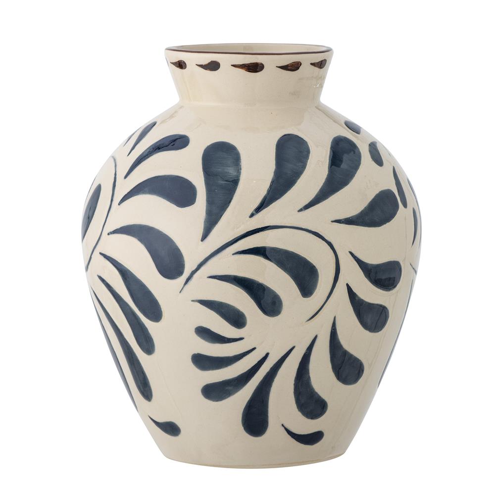Bloomingville Heikki Vase – blaue Steingutvase mit geprägtem Muster, handbemalt, Ø 20 cm