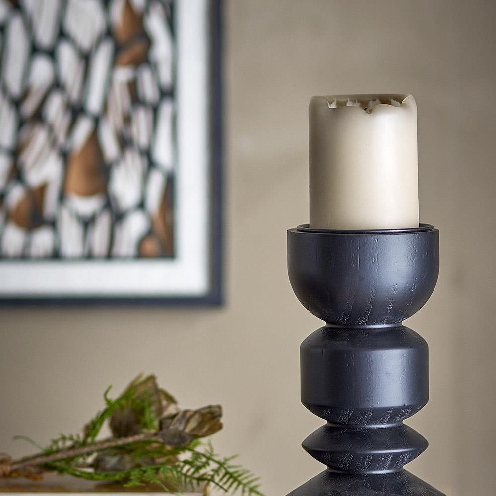 Bloomingville Bowen Kerzenhalter, Schwarz, Kiefernholz, 22 cm, skulptural, modern, dekorativ