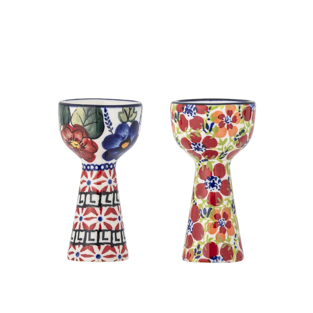 Bloomingville Florist Eierbecher 2er-Set, Rot – handverziertes Steingut mit Blumenmuster