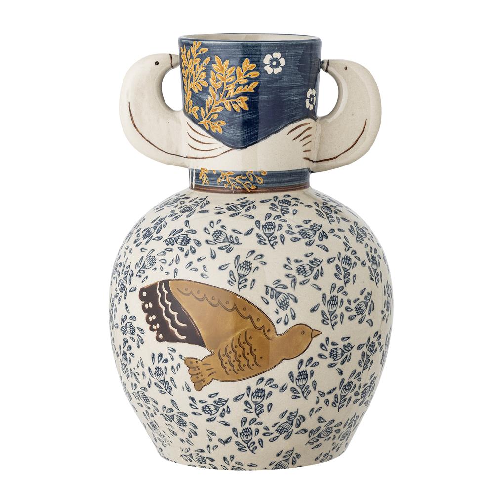 Bloomingville Hezha Vase Blau – Handdekorierte Steingutvase mit Vogelmotiv