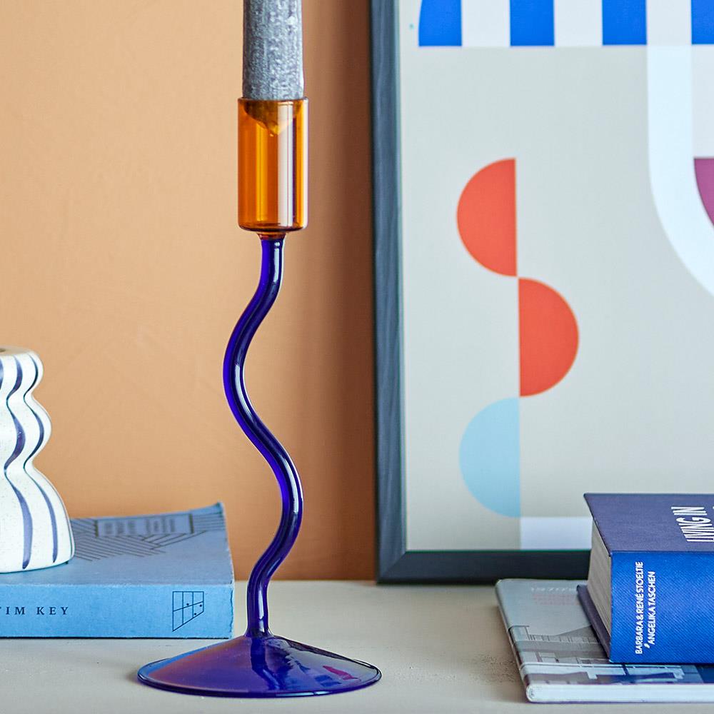 Bloomingville Ada Kerzenhalter, Blau, Glas, mundgeblasen, 22 cm, modernes Design