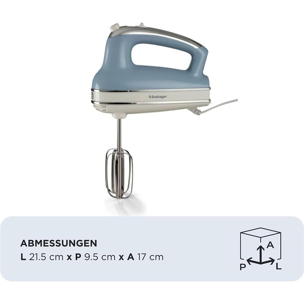Ariete Vintage Handmixer, Blau, Elektrischer Mixer 450W, 5 Stufen Turbo, Schneebese, Knethaken