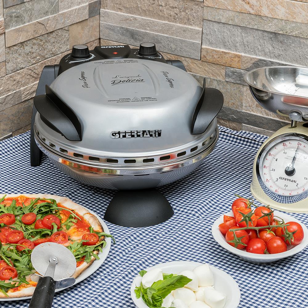 G3Ferrari elektrischer Pizzaofen Delizia Pizzamaker 1200 W für Pizza Ø 31cm silber Pizzamaker mit feuerfestem Naturstein