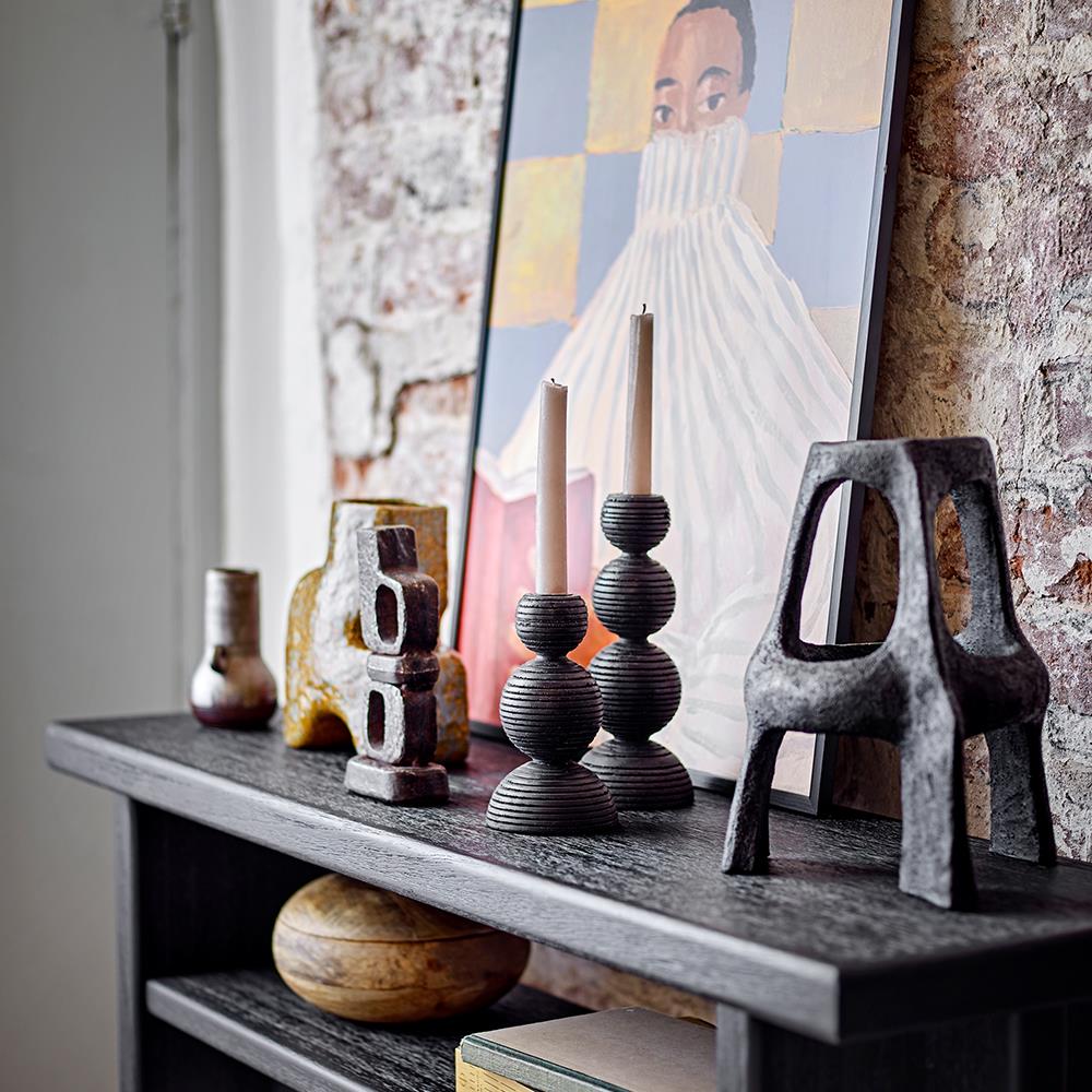 Bloomingville Kipp Kerzenhalter 2er Set, Schwarz, Kiefer – skulpturales Design mit Holzstruktur