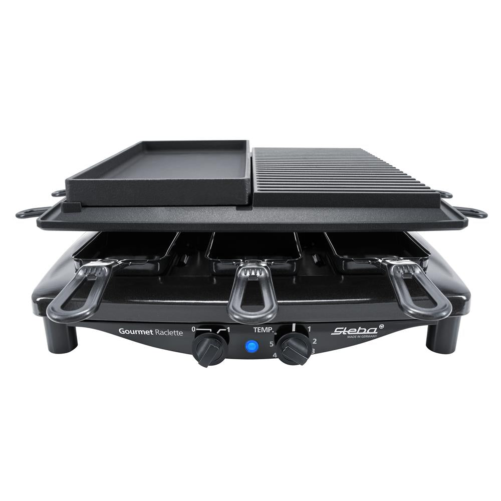 Steba Raclette RC 4 PLUS DELUXE – 4-in-1 Raclette mit Naturstein, Grillplatte & Gourmet-Pfanne, 8 Pfännchen, 1450 W