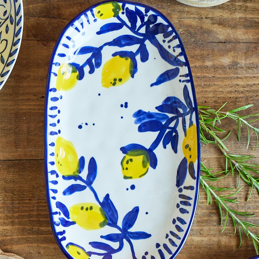 Bloomingville Maxima Servierplatte blau L29 cm aus Steingut – handbemalte Platte für Küche & Tischdeko