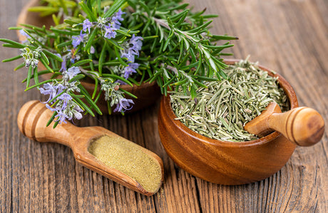 Rosmarin getrocknet und zu Pulver verarbeitet.