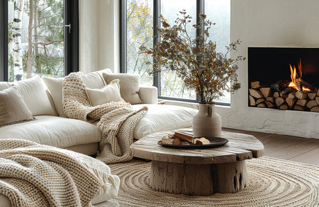 Wohnzimmer mit gemütlichem Ecksofa mit Panoramablick und Kamin