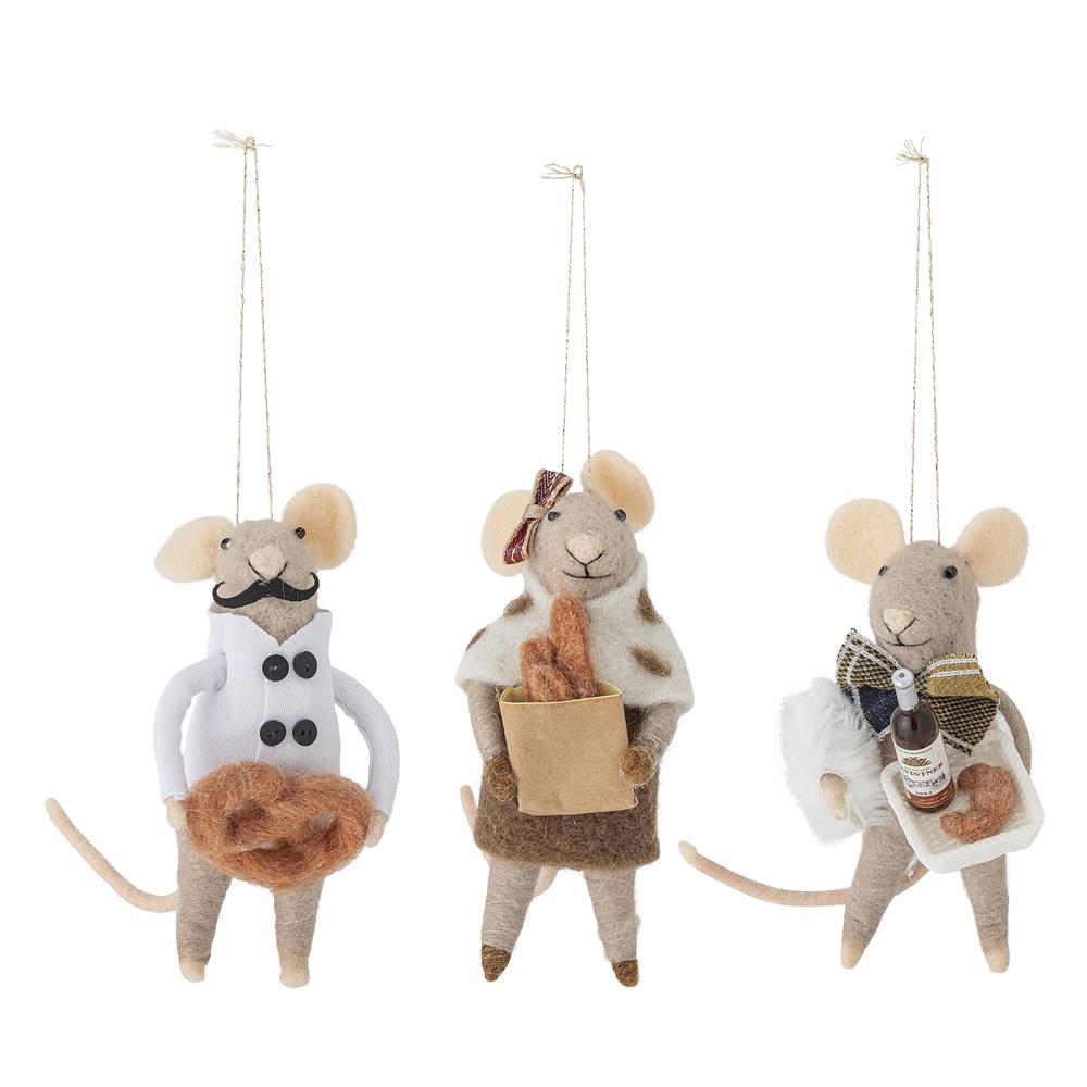 Bloomingville Peo Mäuse Anhänger, Natur, Wollfiguren 3er Set Weihnachtsdeko