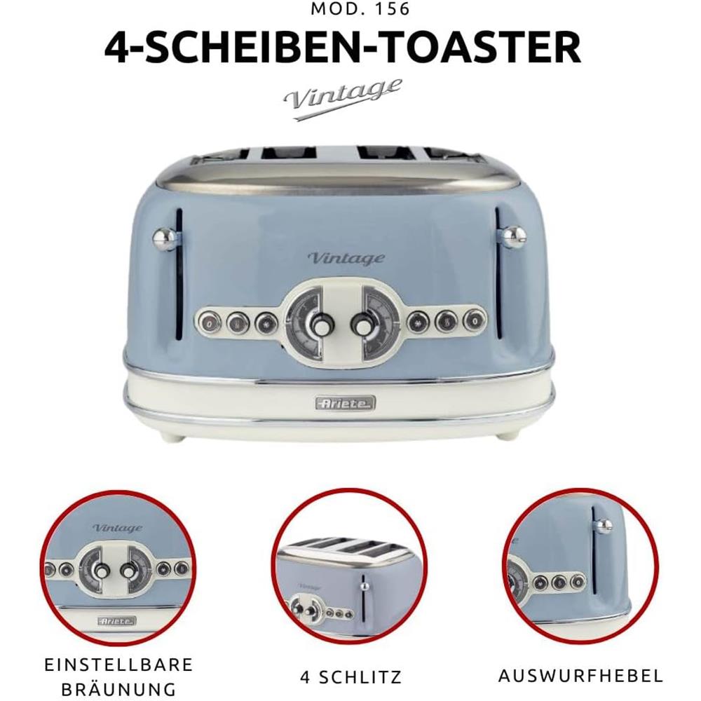 Ariete Vintage Toaster, Blau, 4-Scheiben-Toaster mit 6 Bräunungsstufen, 1600W