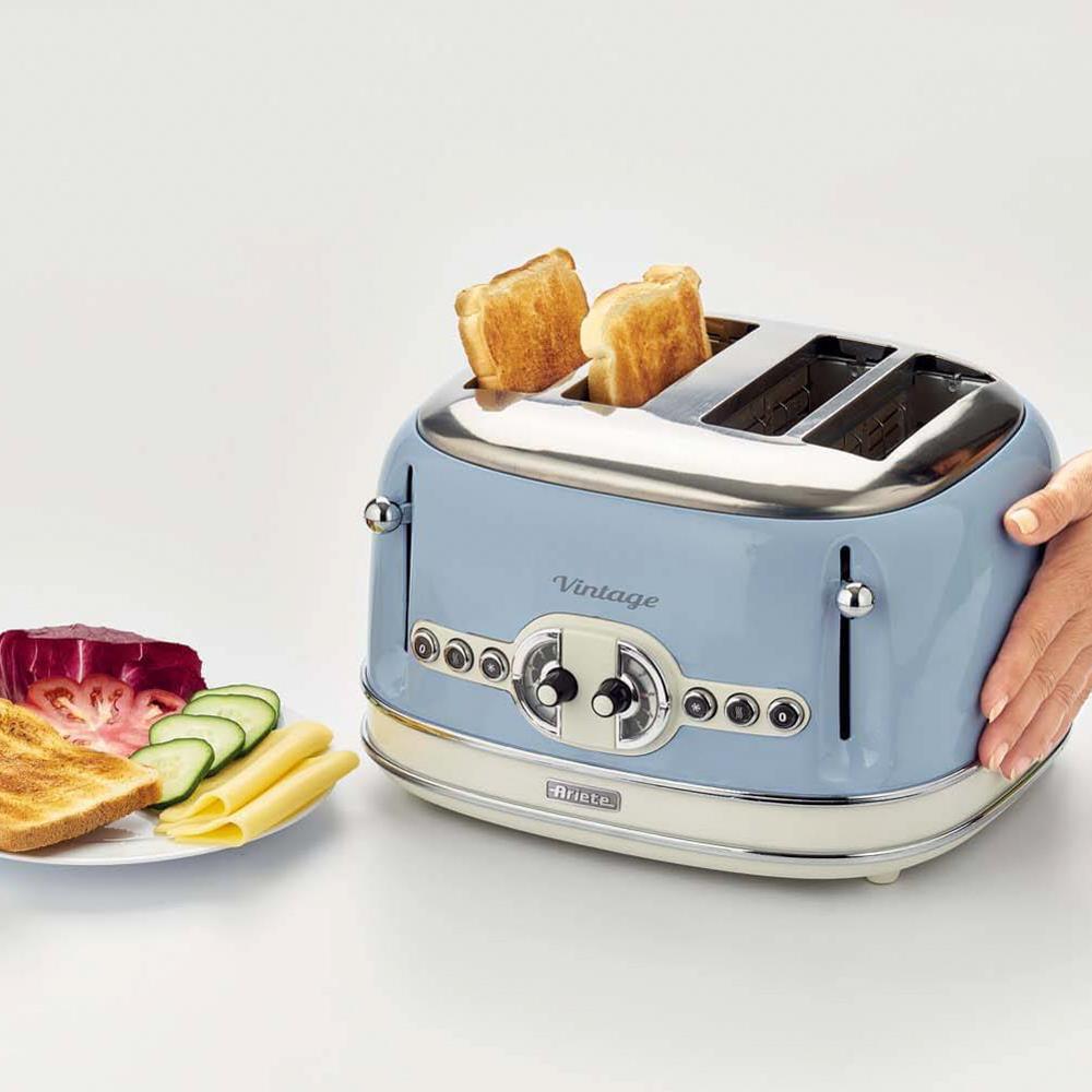 Ariete Vintage Toaster, Blau, 4-Scheiben-Toaster mit 6 Bräunungsstufen, 1600W