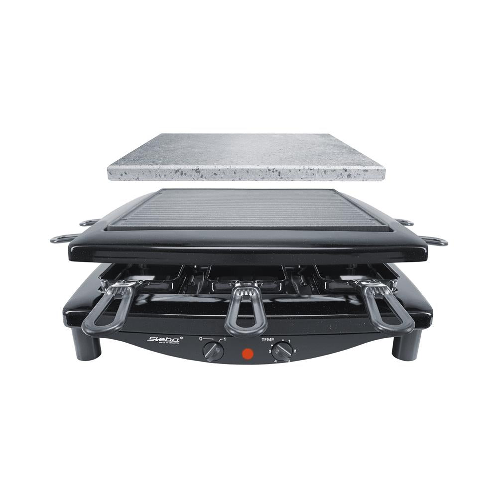 Steba Raclette RC 3 PLUS – 8 Personen, 1450W, Naturstein-/Guss-Grillplatte, schwarz