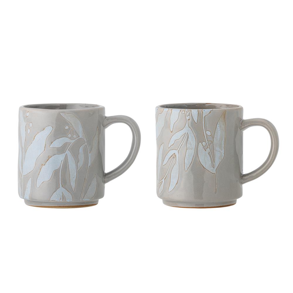 Bloomingville Aurora Tassen 2er Set, Grau, Steingut, stapelbar, 350 ml, spülmaschinengeeignet