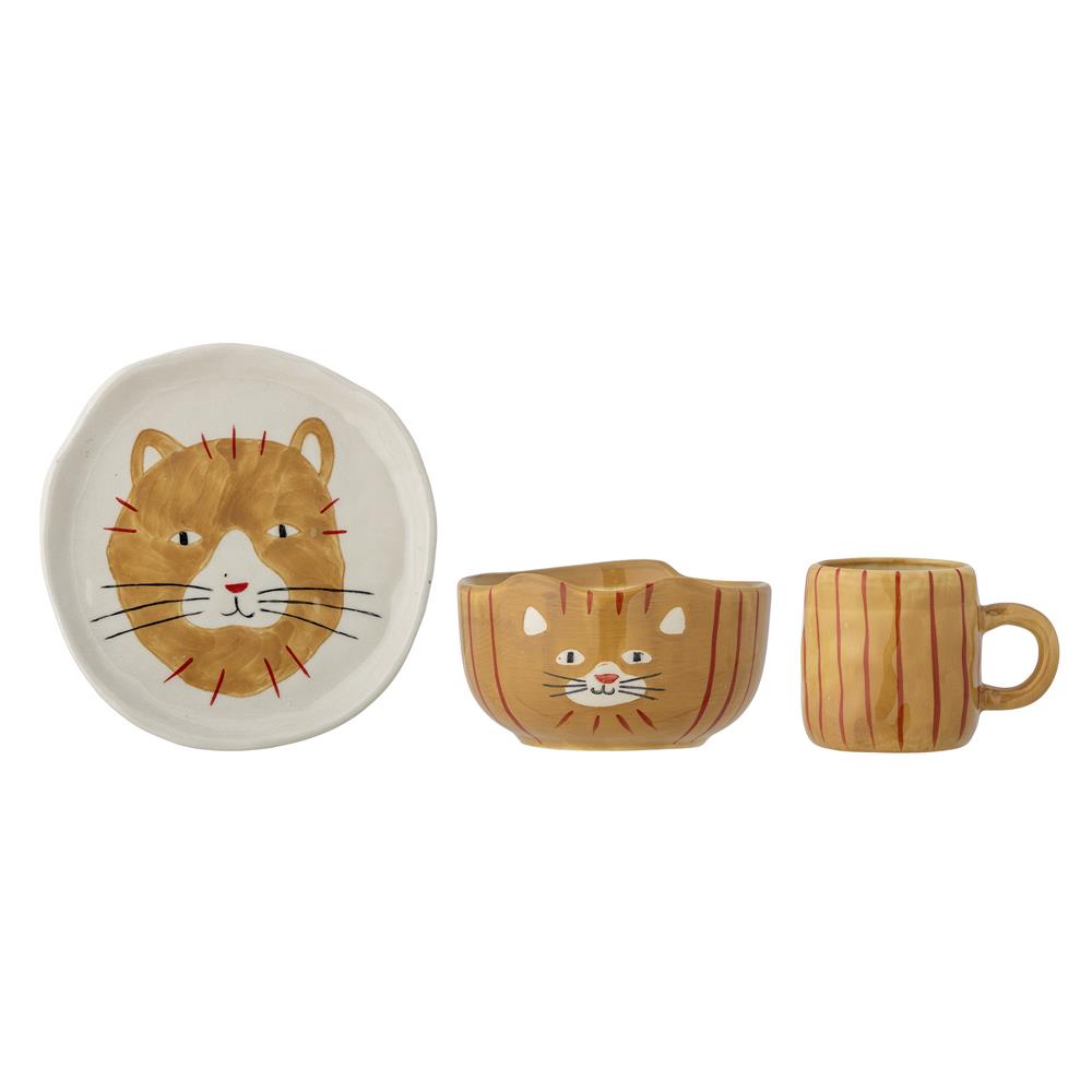 Bloomingville MINI Kittie Geschirr-Set, Braun, Katze, Steingut, 3er Set mit Teller + Schüssel + Tasse