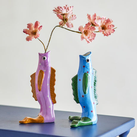 Bloomingville Mako Vase 2er Set bunt - Steingut Fisch Vase handbemalt für Wohnzimmer & Deko