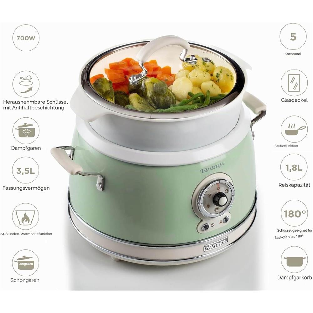 Ariete Vintage Reiskocher, Grün, 3,5L, Slow Cooker, Dampfgarer, 5 Programme, Keramikschüssel