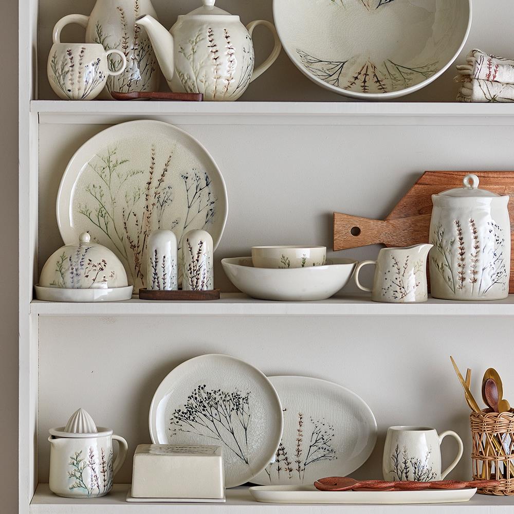 Bloomingville Bea Tablett, Natur, 28,5x18cm, Steingut, mit Blumenmotiv, dänisches Design