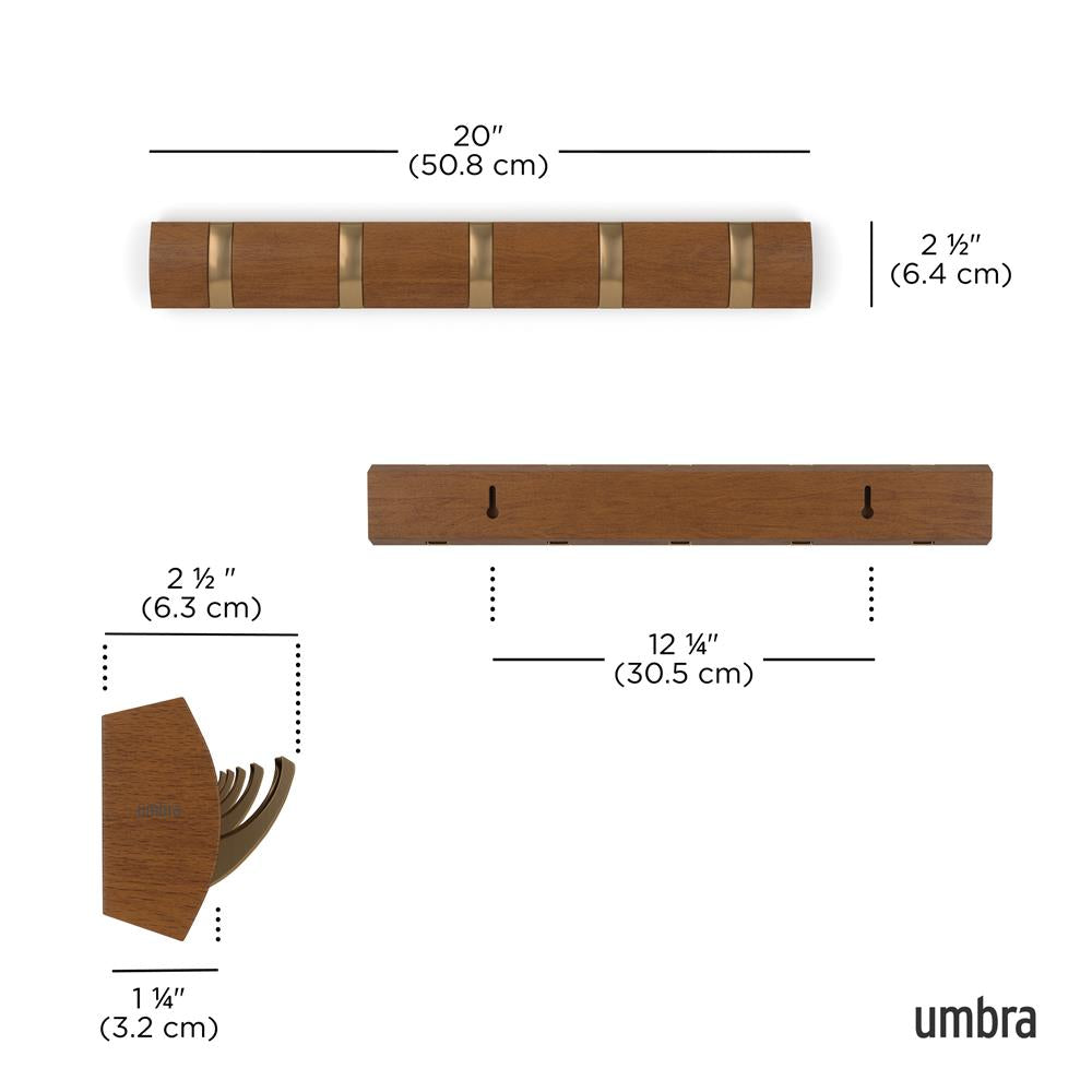 Umbra Flip Wandgarderobe, Garderobenleiste in Walnuss Hell, mit 5 beweglichen Haken in Warmes Gold