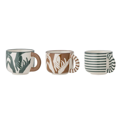 Bloomingville Carim Tasse 3er Set, 245ml, aus Steingut mit verschiedenen Mustern