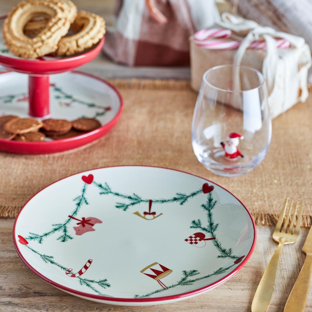 Bloomingville Yule Weihnachtsteller, Natur, Steingut 25,5 cm mit Weihnachtsmotiv